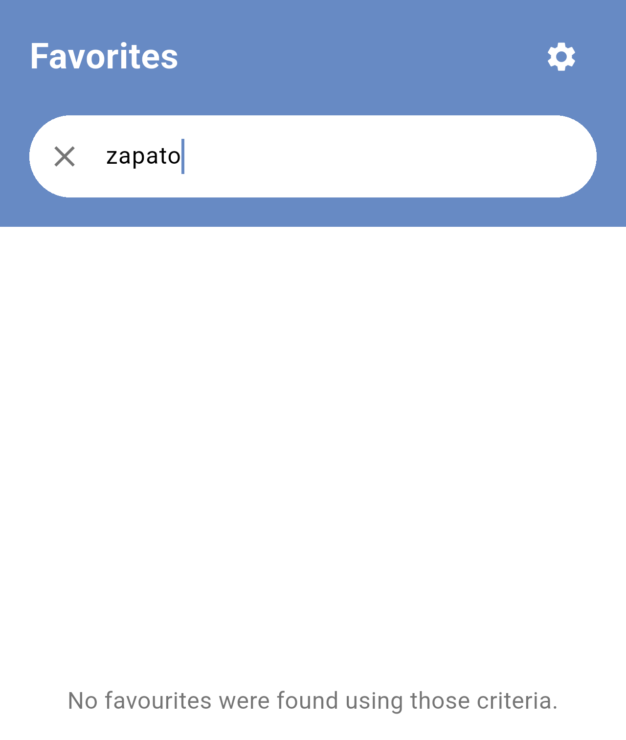 Favorites filtered by zapato with the message No favourites were found using those criteria