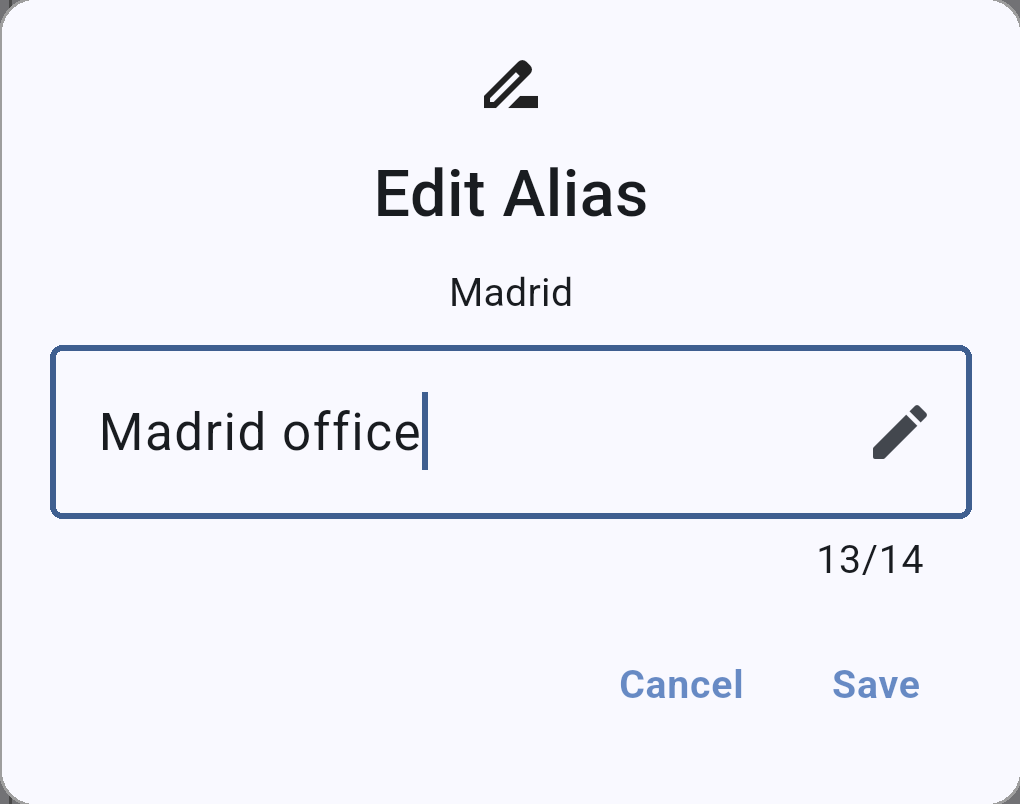 Edit Alias dialog for Madrid with the text Madrid office typed in