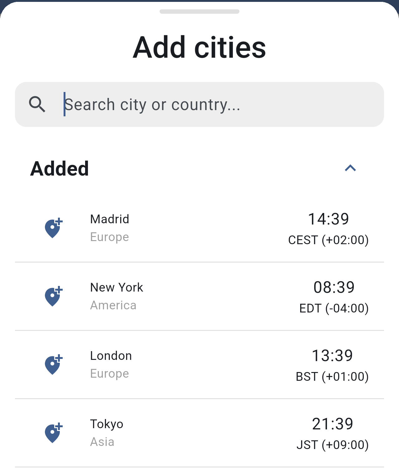 Added group of the Add cities sheet listing Madrid, New York, London and Tokyo