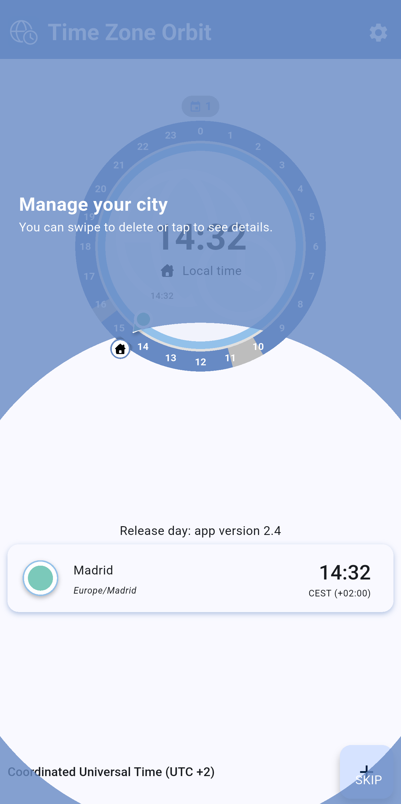 Tutorial step highlighting the city list with the text Manage your city and the SKIP button in the bottom-right corner