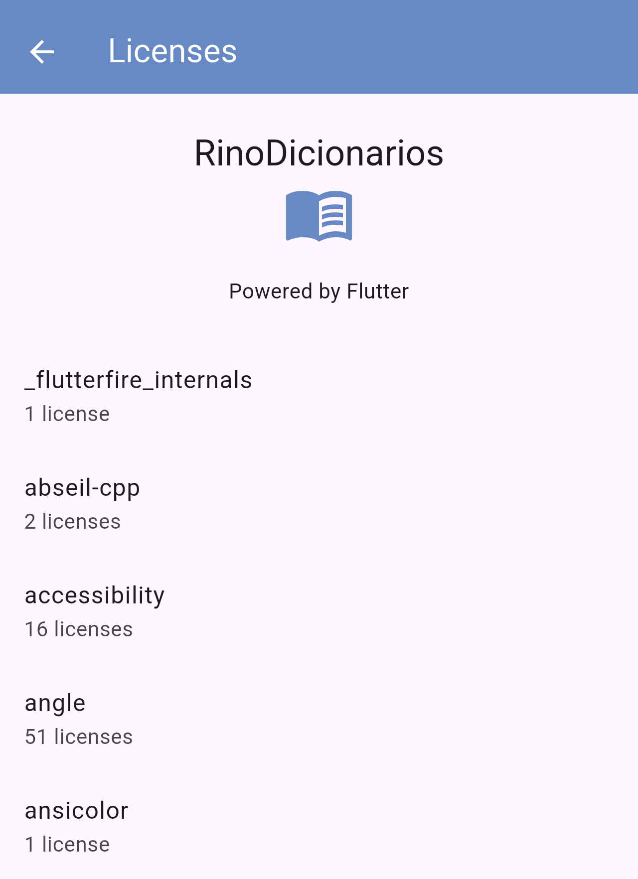 Licenses screen listing the components used by the app