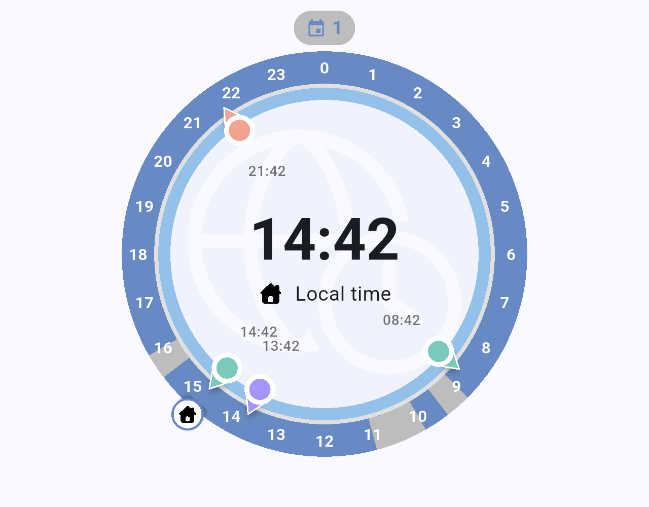 Dial back at the current time 14:42 after tapping Local time