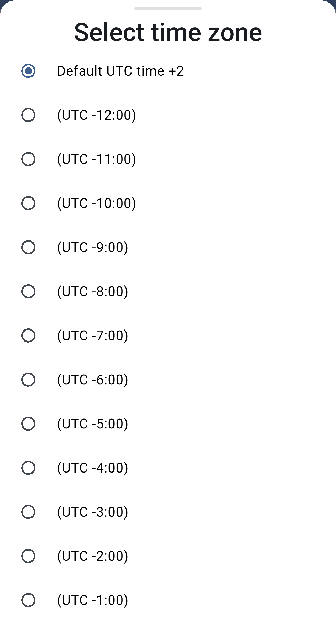 Select time zone list with Default UTC time +2 selected and a list of UTC offsets