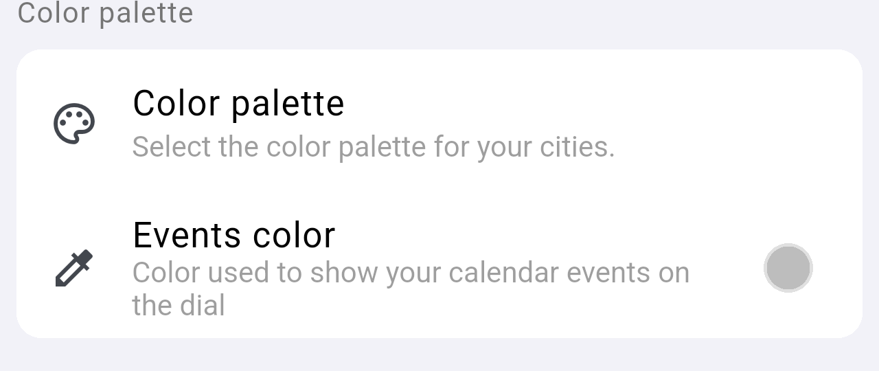 Color palette section with the Color palette and Events color options