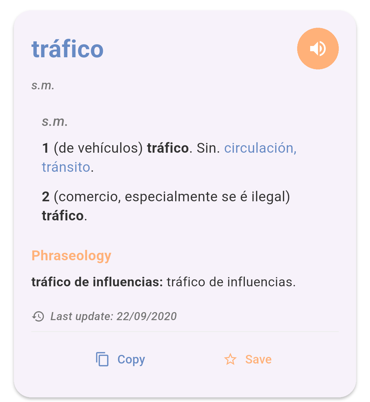 Result card for tráfico in the Spanish-Galician dictionary