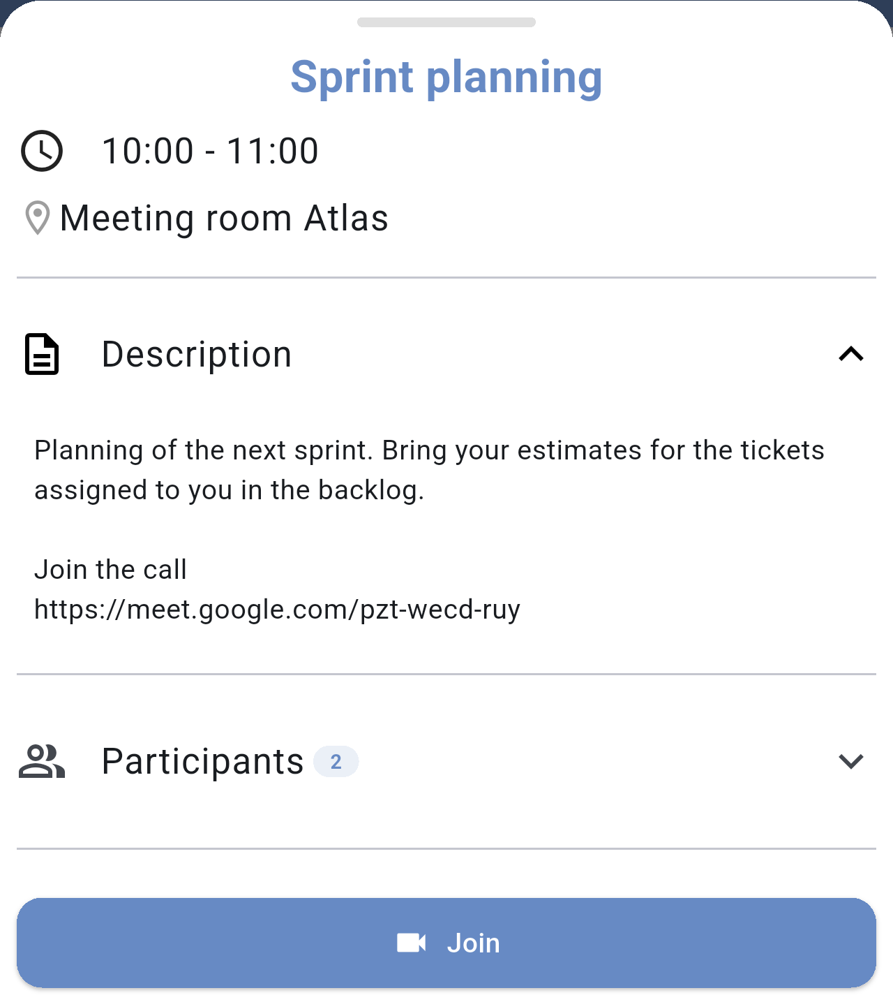 Event details sheet for Sprint planning showing time, location and description