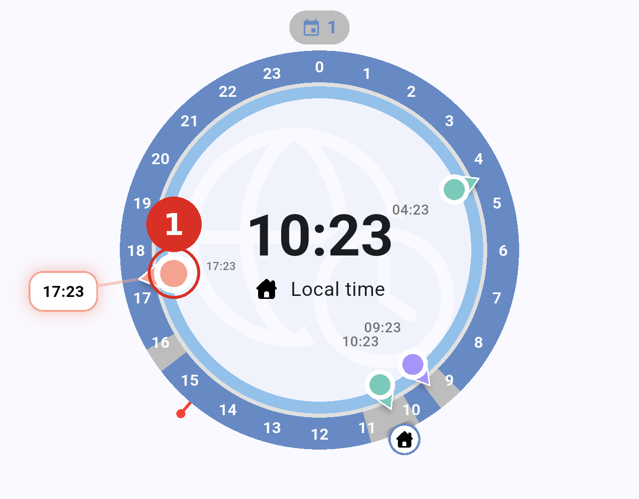 Tokyo marker circled in red with a bubble showing 17:23 outside the dial