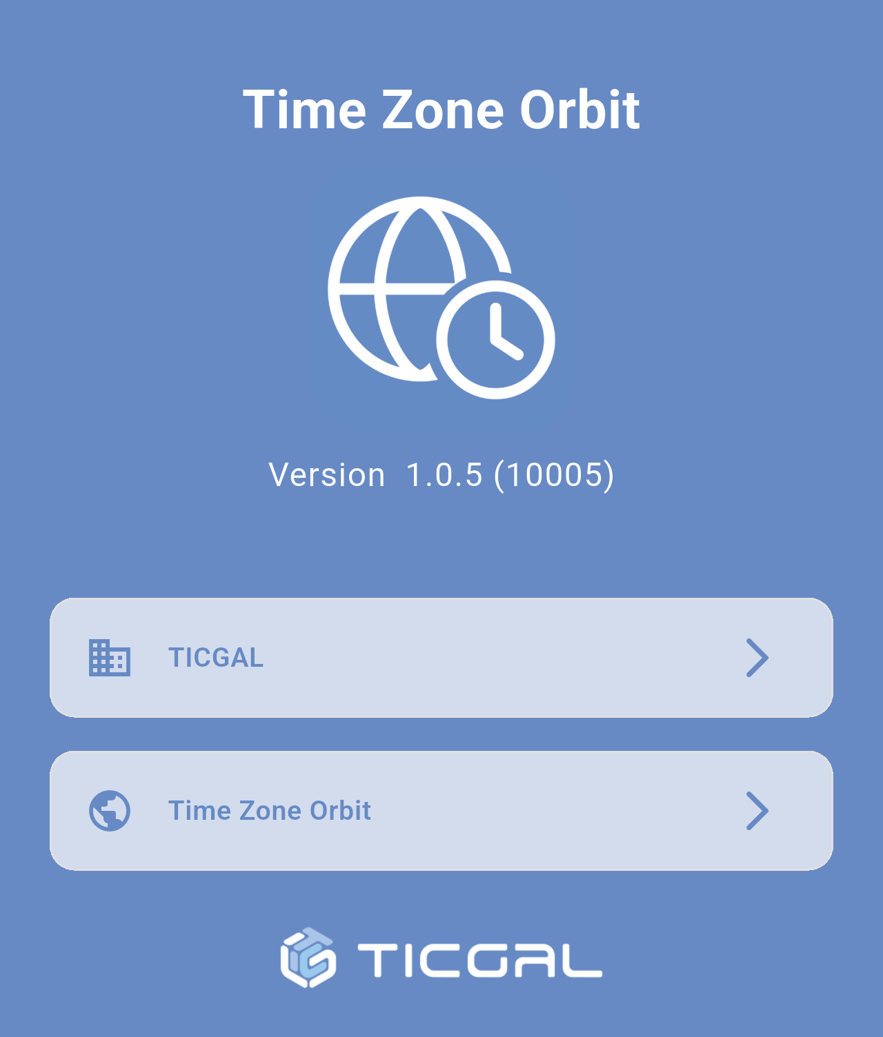 About screen with the app version 1.0.5 and links to TICGAL and Time Zone Orbit