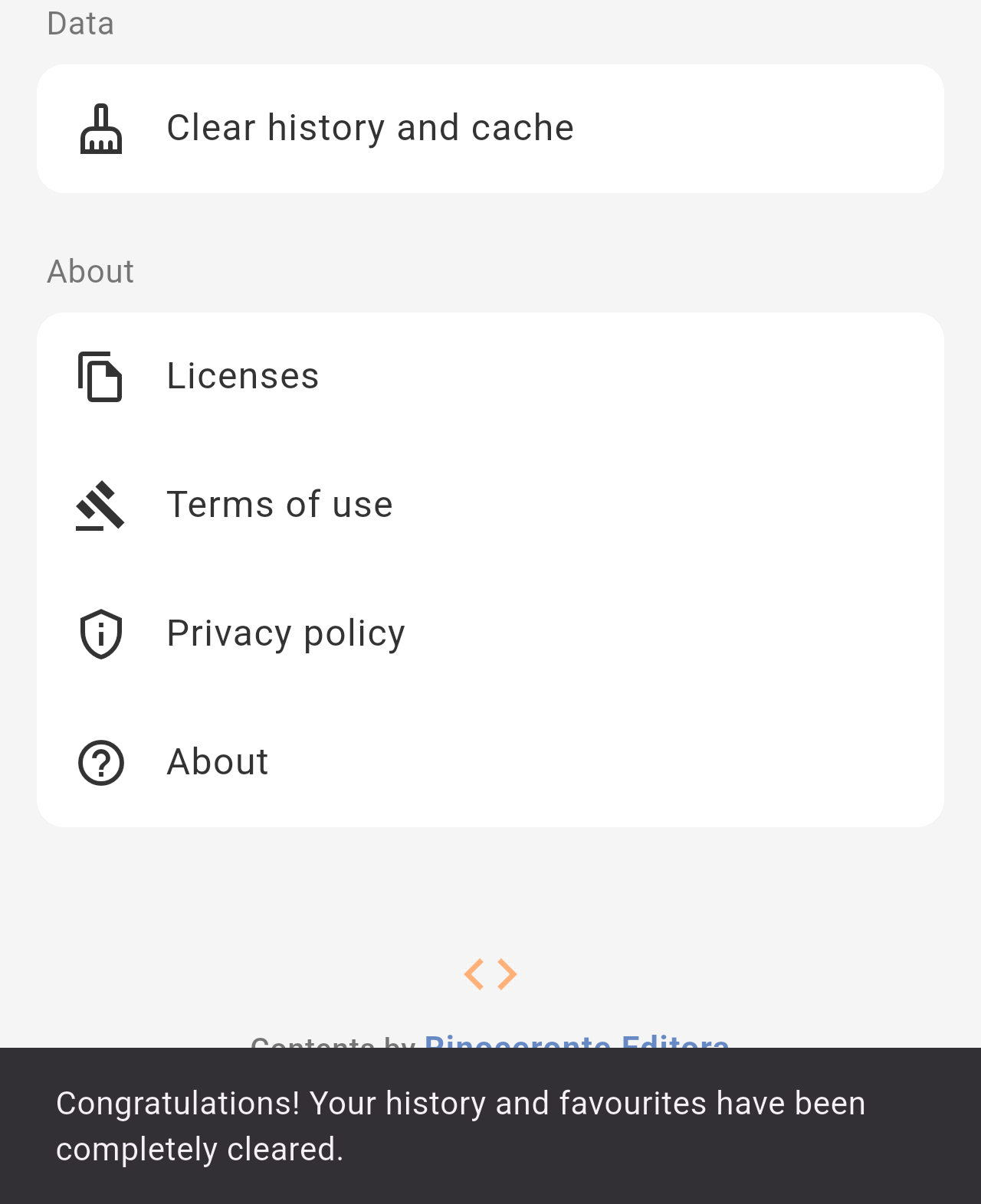 Clear history and cache option and the message Your history and favourites have been completely cleared