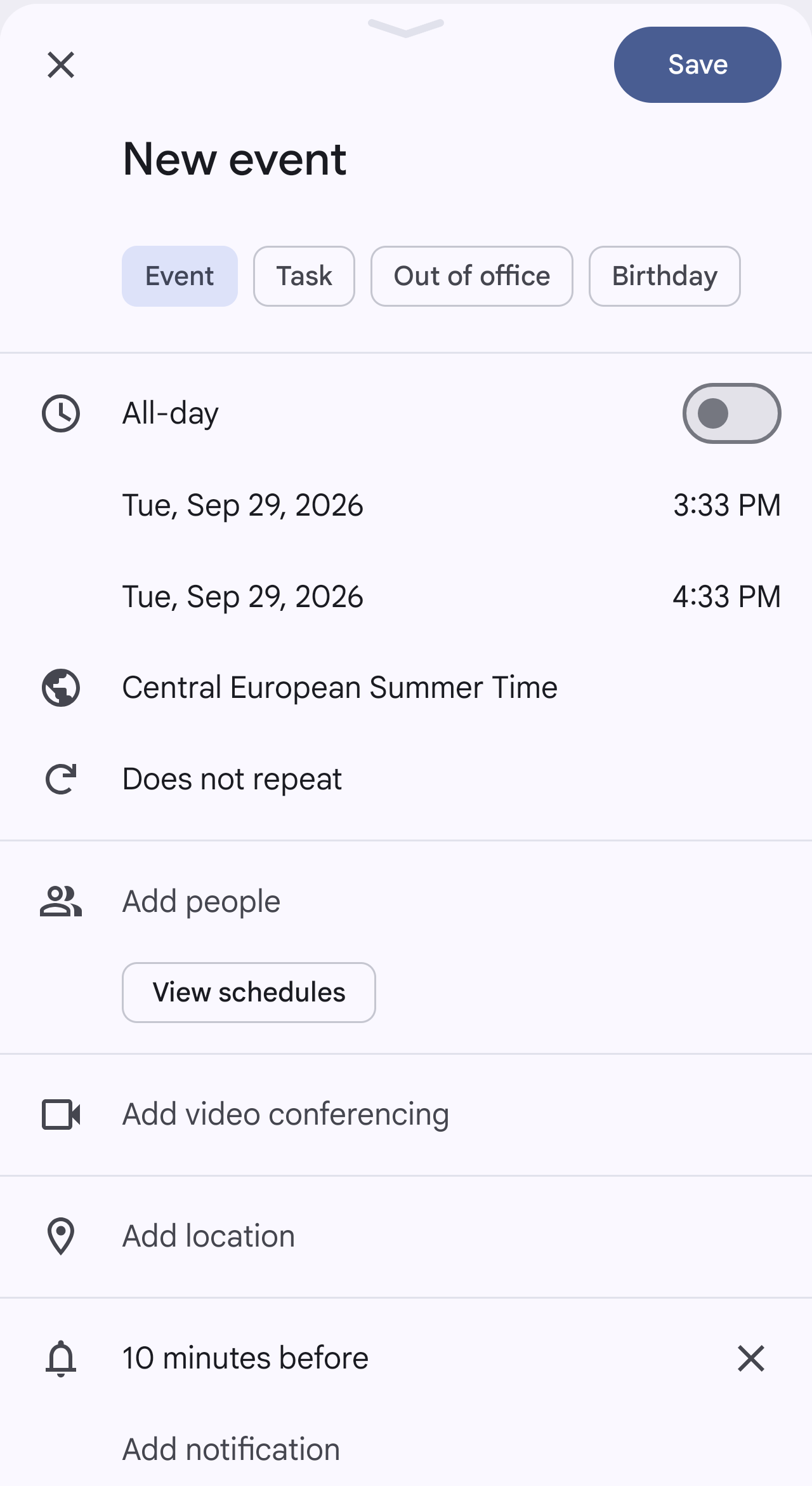Google Calendar new event form with the title New event, the date and a start and end time one hour apart