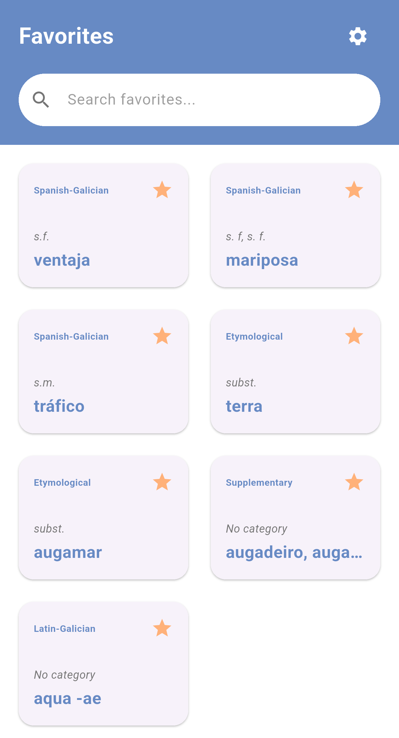 Favorites with words from the Spanish-Galician, Etymological, Supplementary and Latin-Galician dictionaries