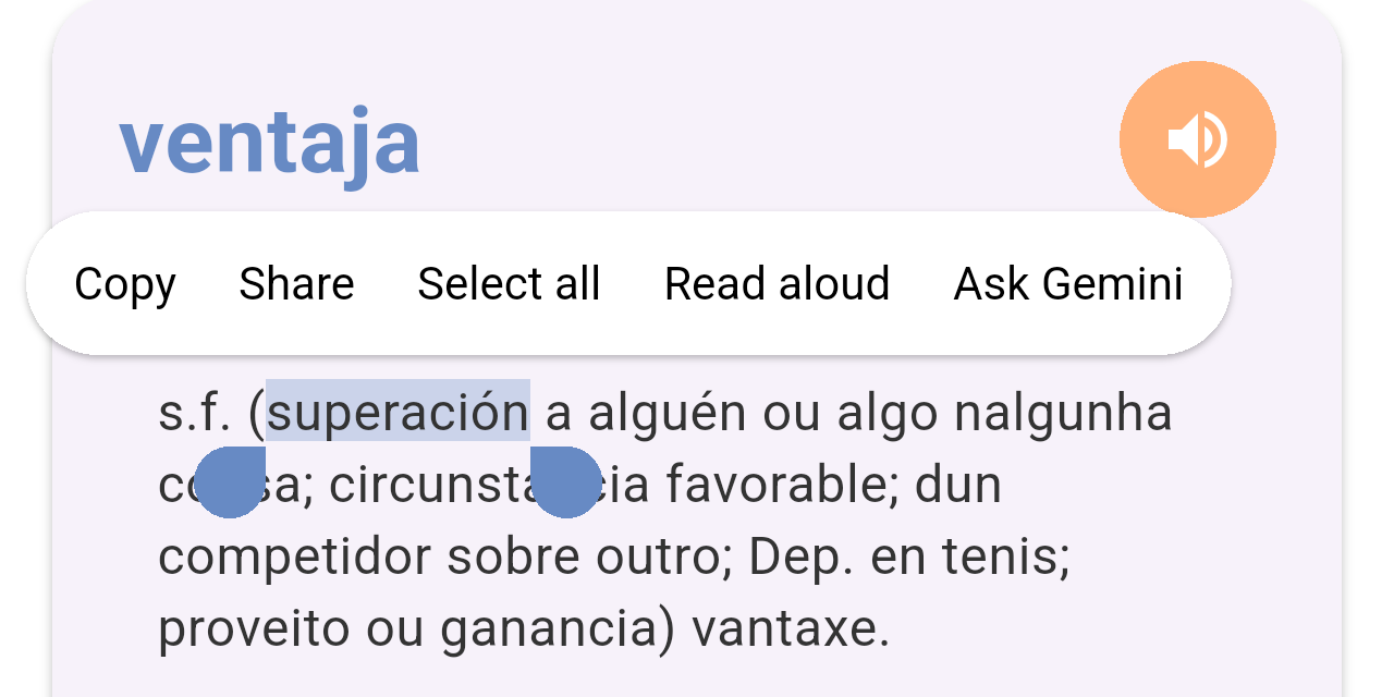 The word superación selected on the card with the menu Copy, Share, Select all and Read aloud