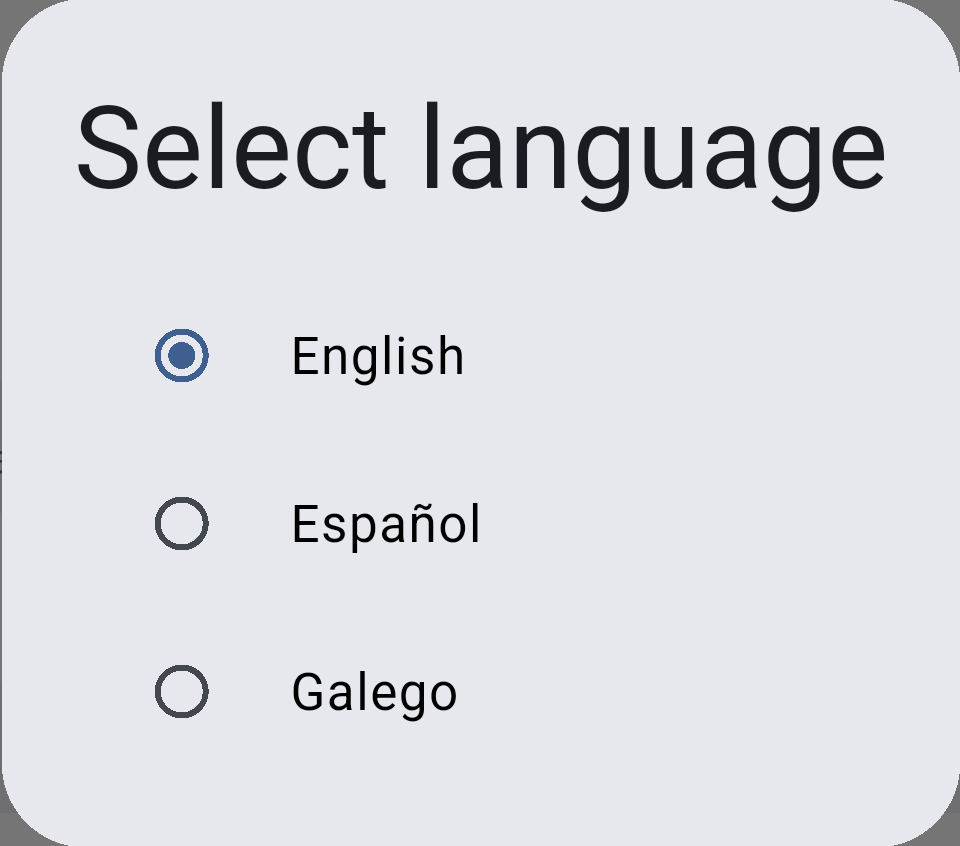 Select language dialog with English, Español and Galego