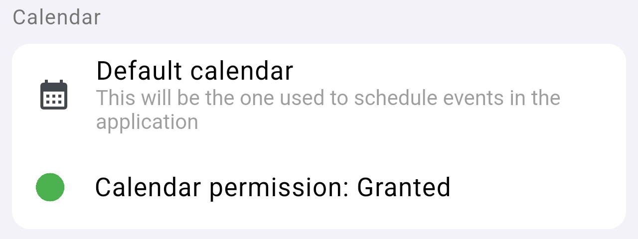 Calendar section with Default calendar and Calendar permission Granted