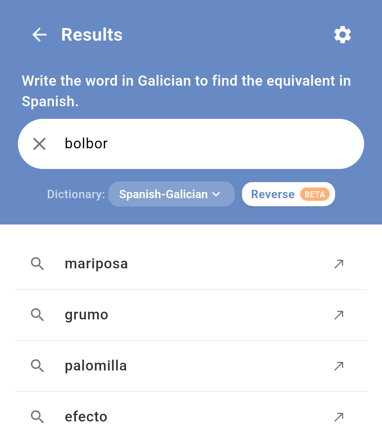 Reverse search for bolbor with the suggestions mariposa, grumo, palomilla and efecto