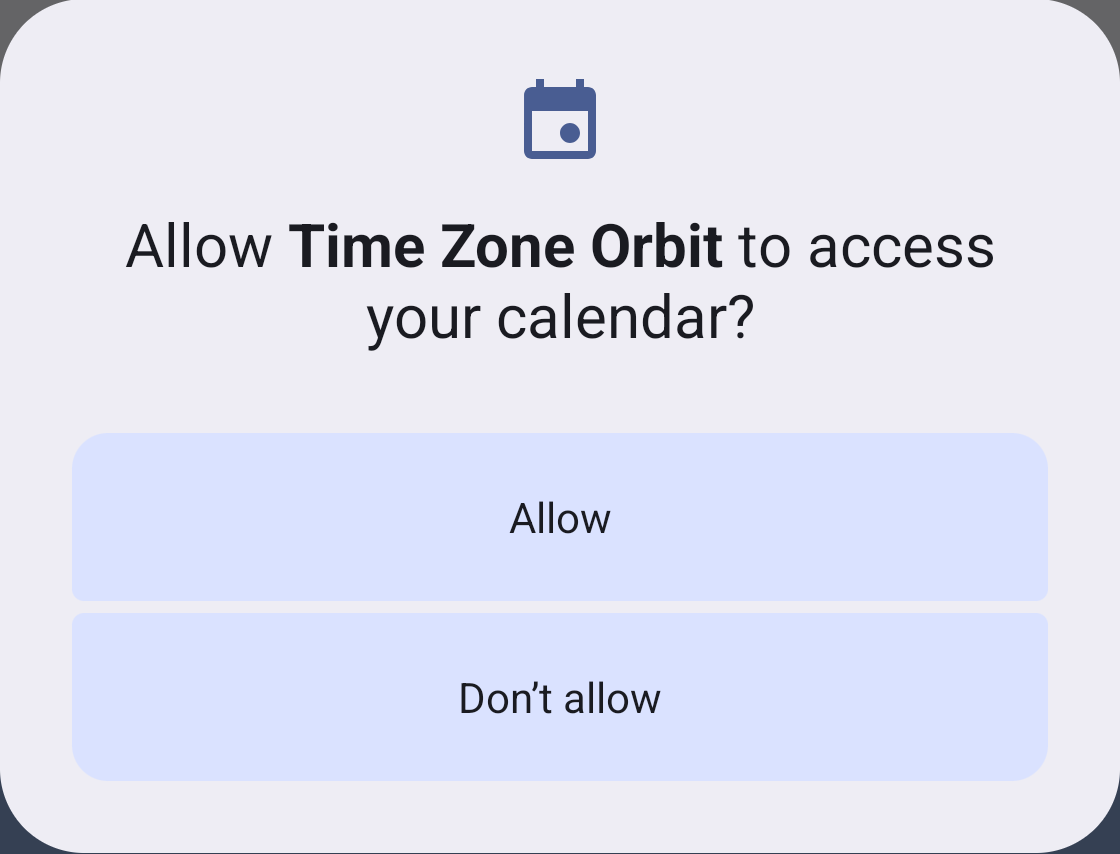 Android dialog asking to allow Time Zone Orbit to access the calendar