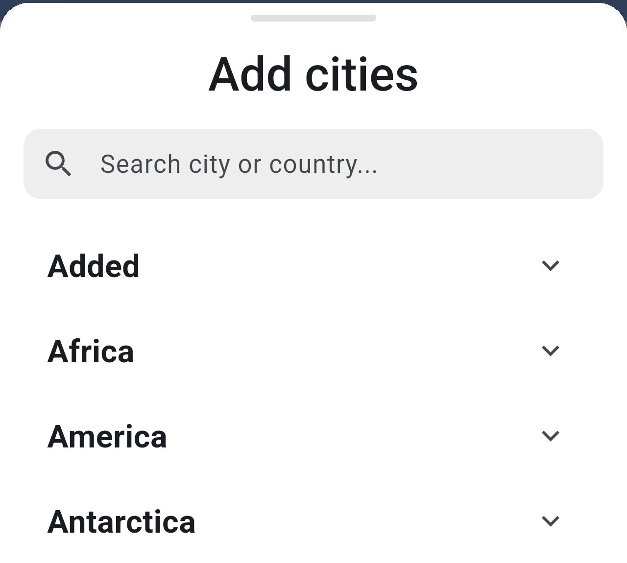 Add cities sheet with a search field and regions such as Africa, America and Antarctica