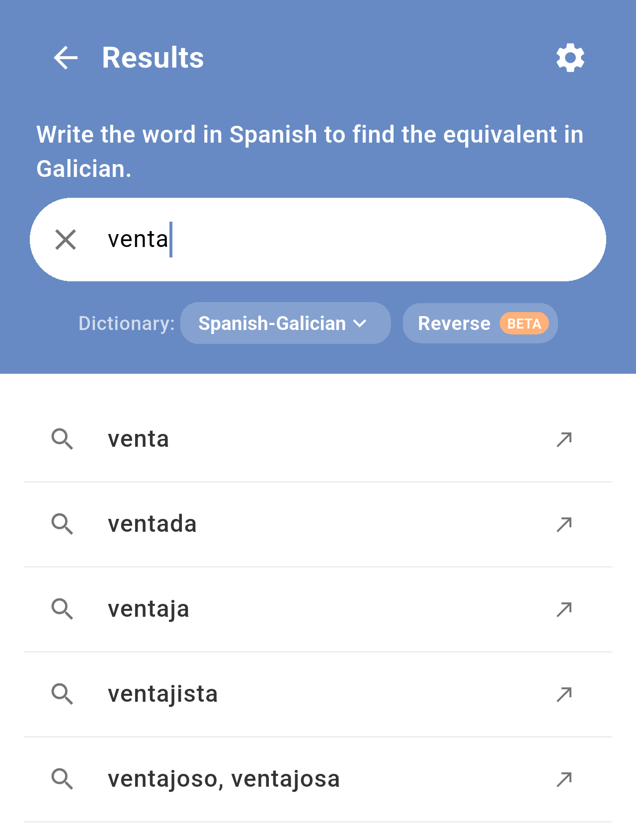 Suggestions venta, ventada, ventaja, ventajista and ventajoso, ventajosa while typing venta