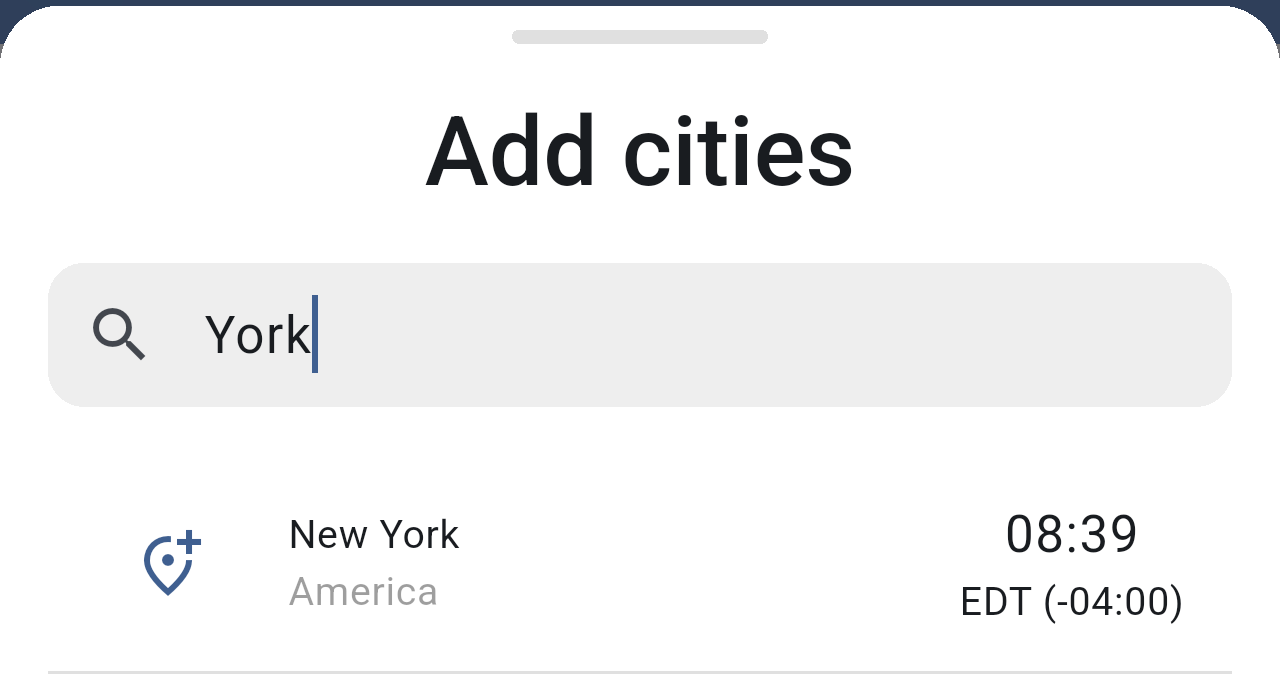 Search results for York showing New York with its current time and UTC offset