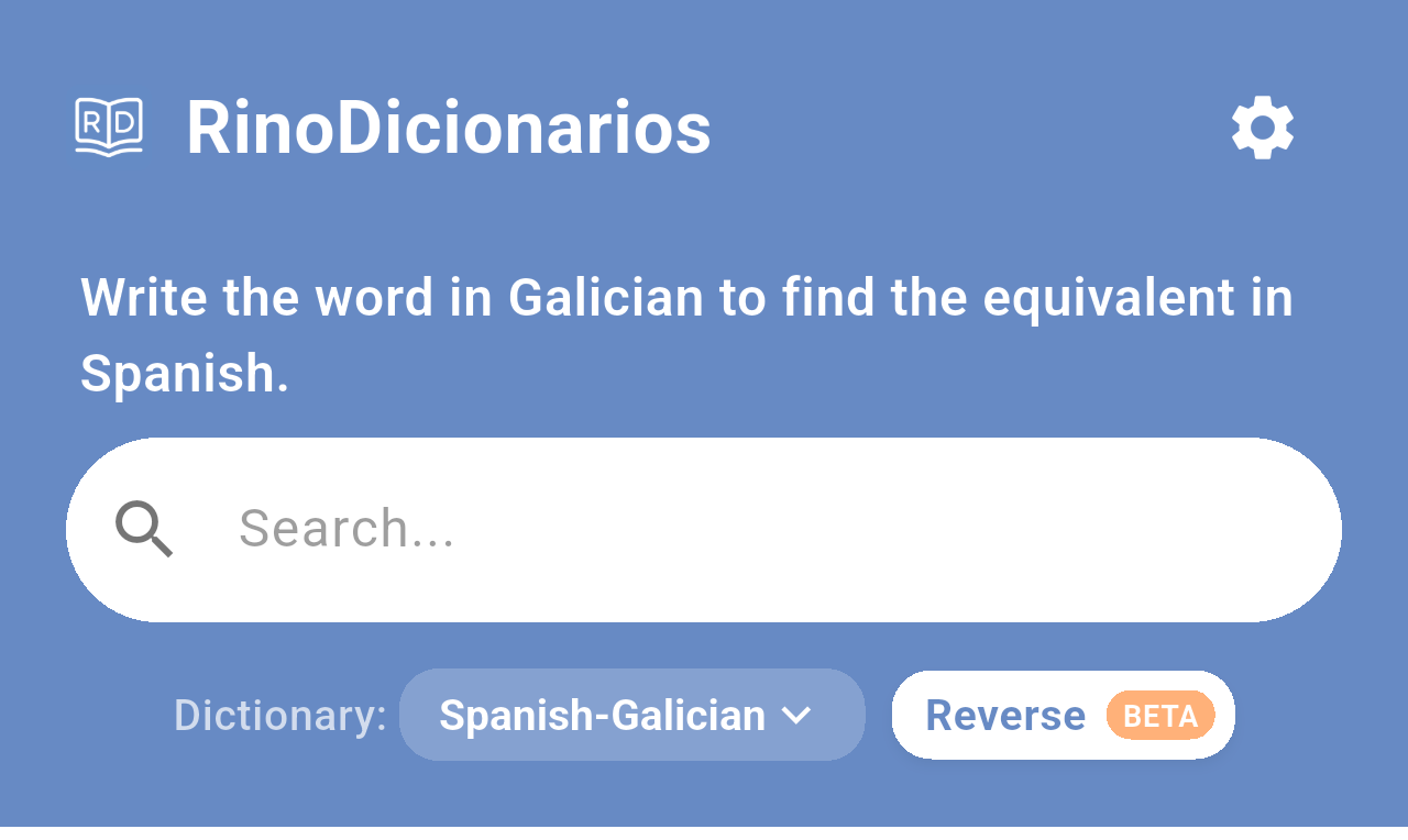 Search screen with the Reverse button turned on and the text Write the word in Galician to find the equivalent in Spanish
