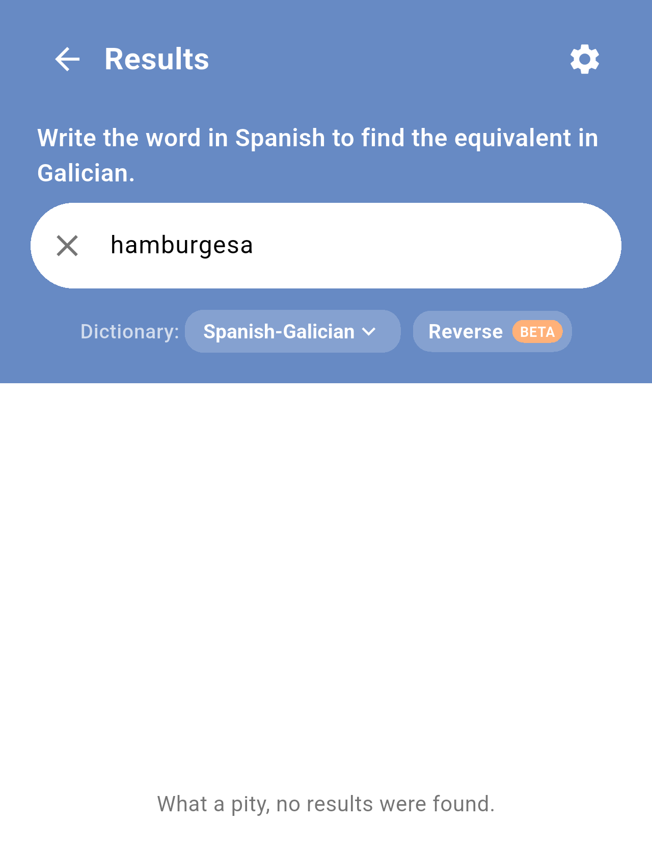 Search for hamburgesa with the message What a pity, no results were found