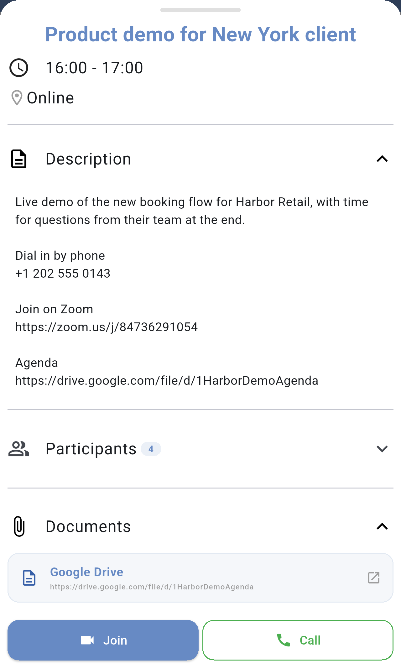 Event details with the Description and Documents sections expanded and the Join and Call buttons at the bottom