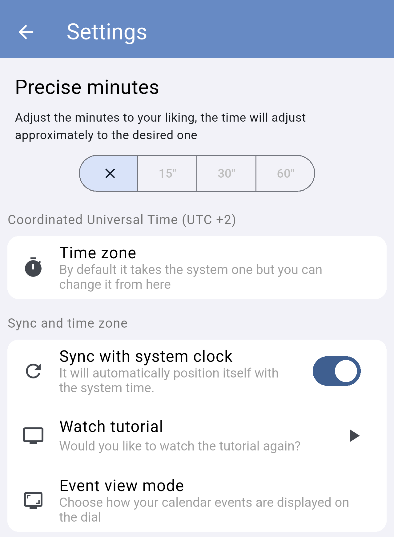 Top of Settings with Precise minutes, Time zone, Sync with system clock, Watch tutorial and Event view mode