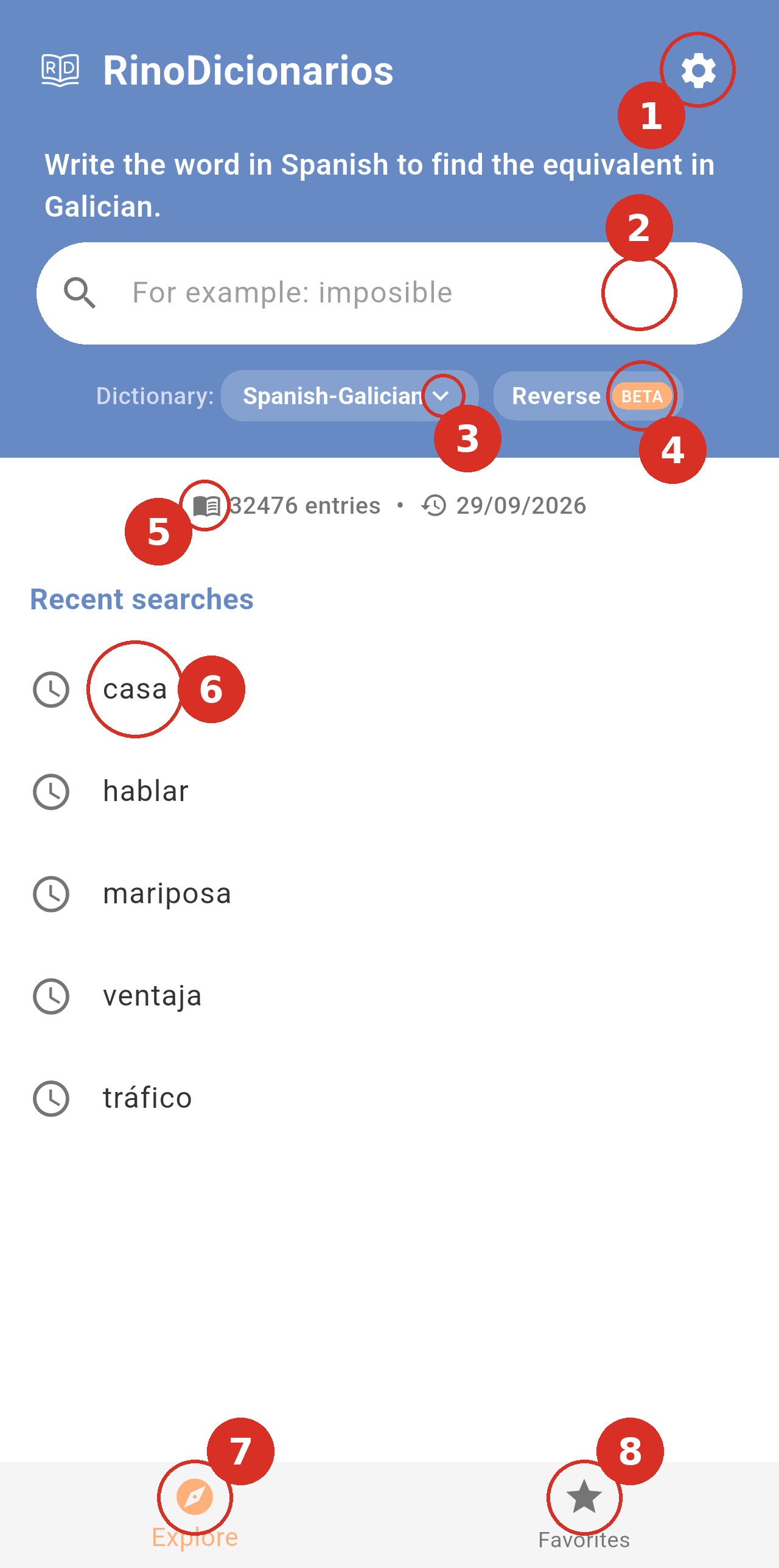 Search screen with the Spanish-Galician dictionary, recent searches and numbered markers on the main controls