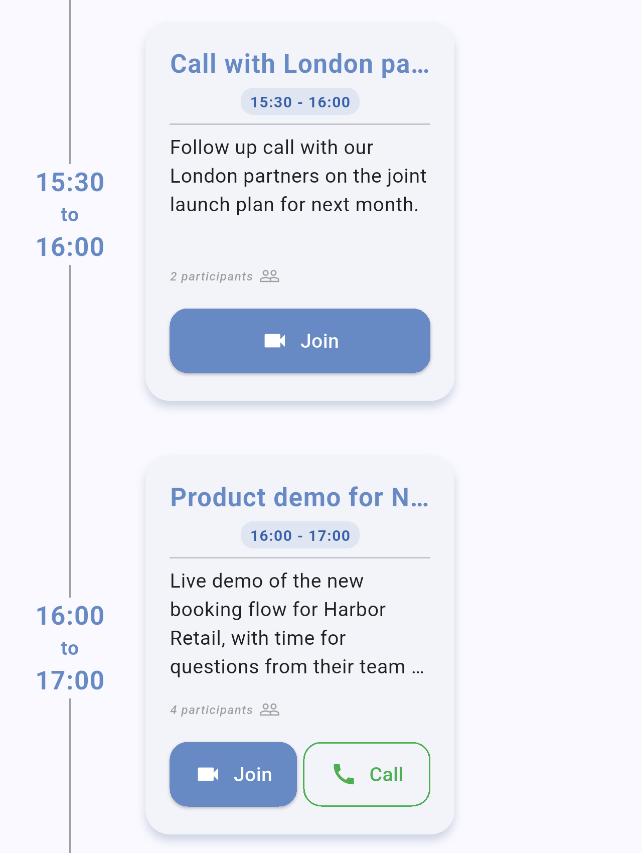 Event cards with the Join button and, on the Product demo card, the Join and Call buttons