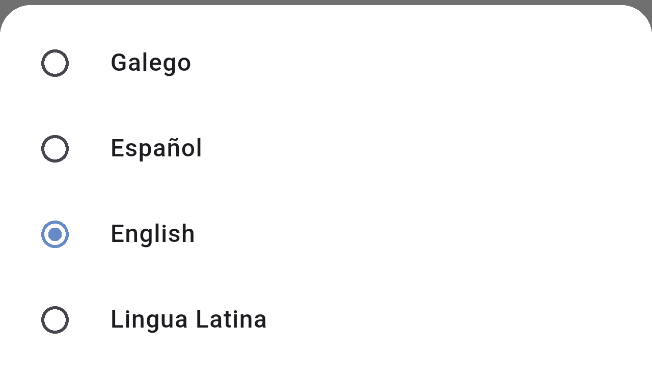Language options Galego, Español, English and Lingua Latina with English selected