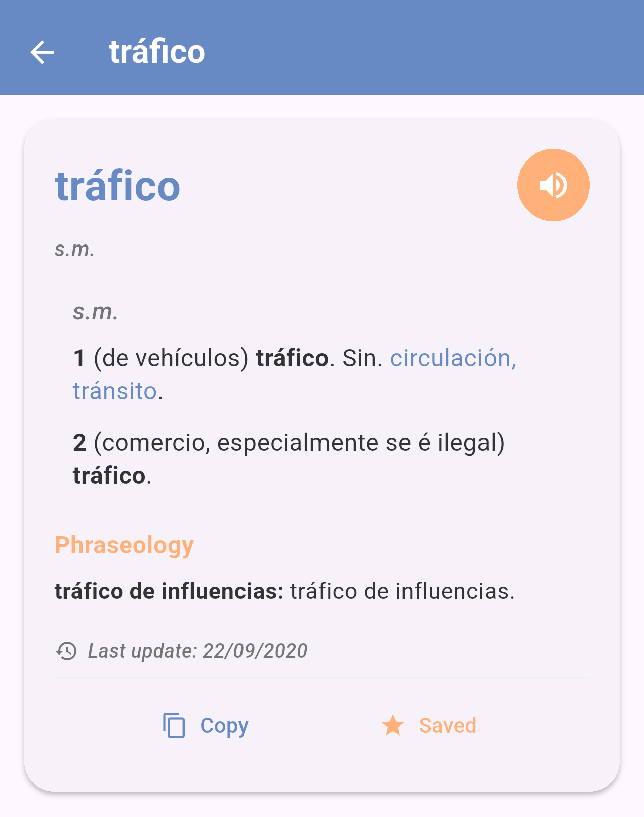 Favorite tráfico opened with its full definition and the Saved button