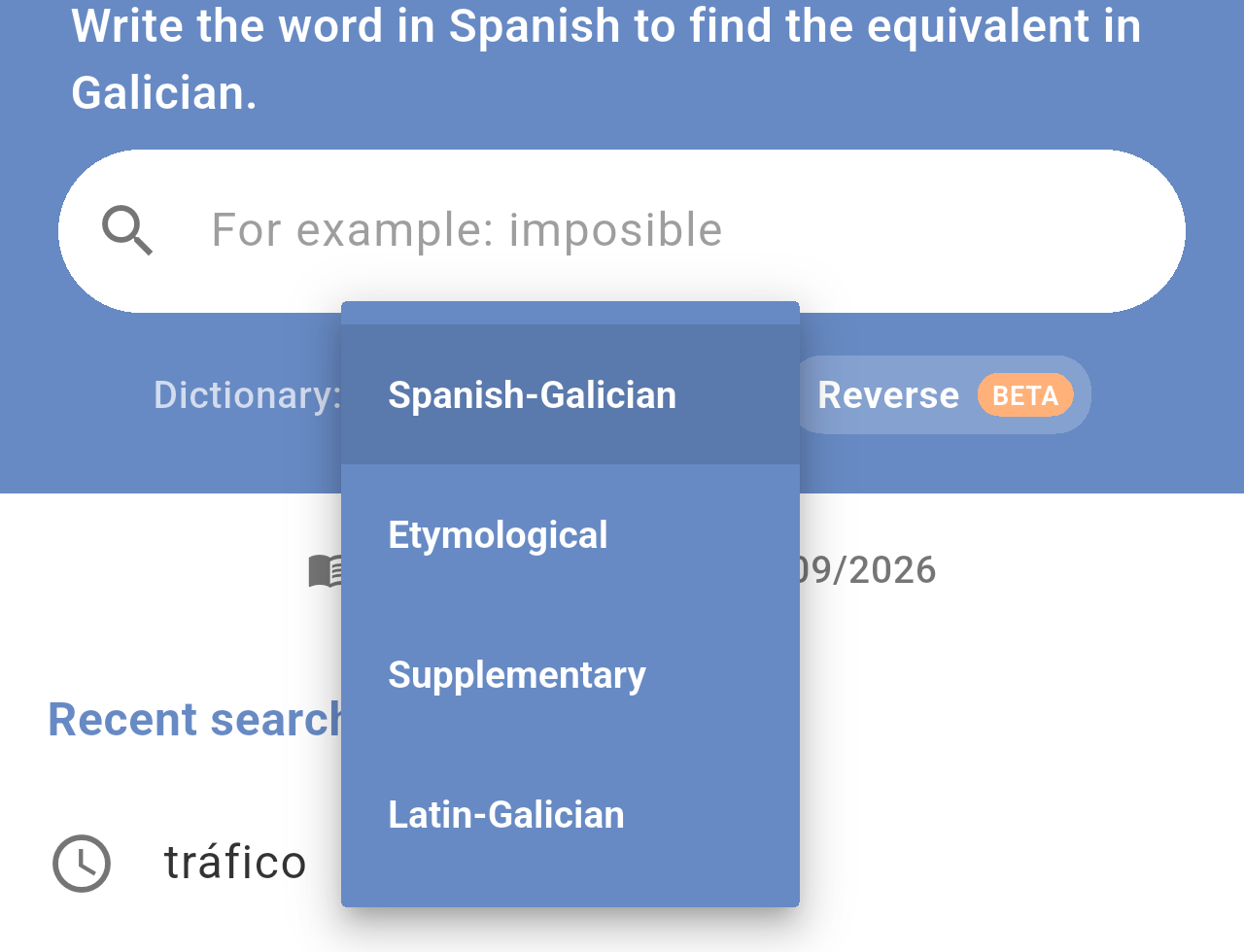 Dictionary picker open with Spanish-Galician, Etymological, Supplementary and Latin-Galician