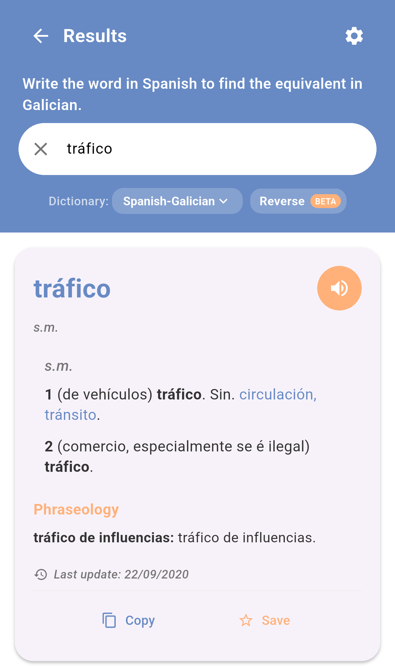 Result card for tráfico with its senses, synonyms and phraseology