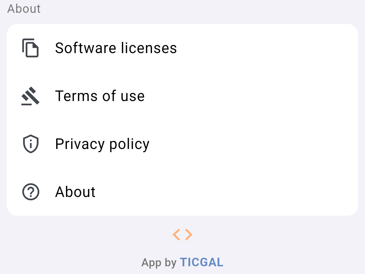 About section with Software licenses, Terms of use, Privacy policy and About