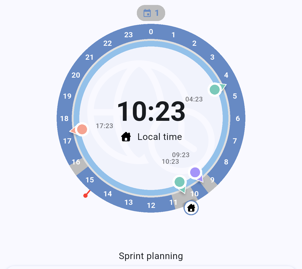 Dial moved to 10:23 with the event title Sprint planning shown under it