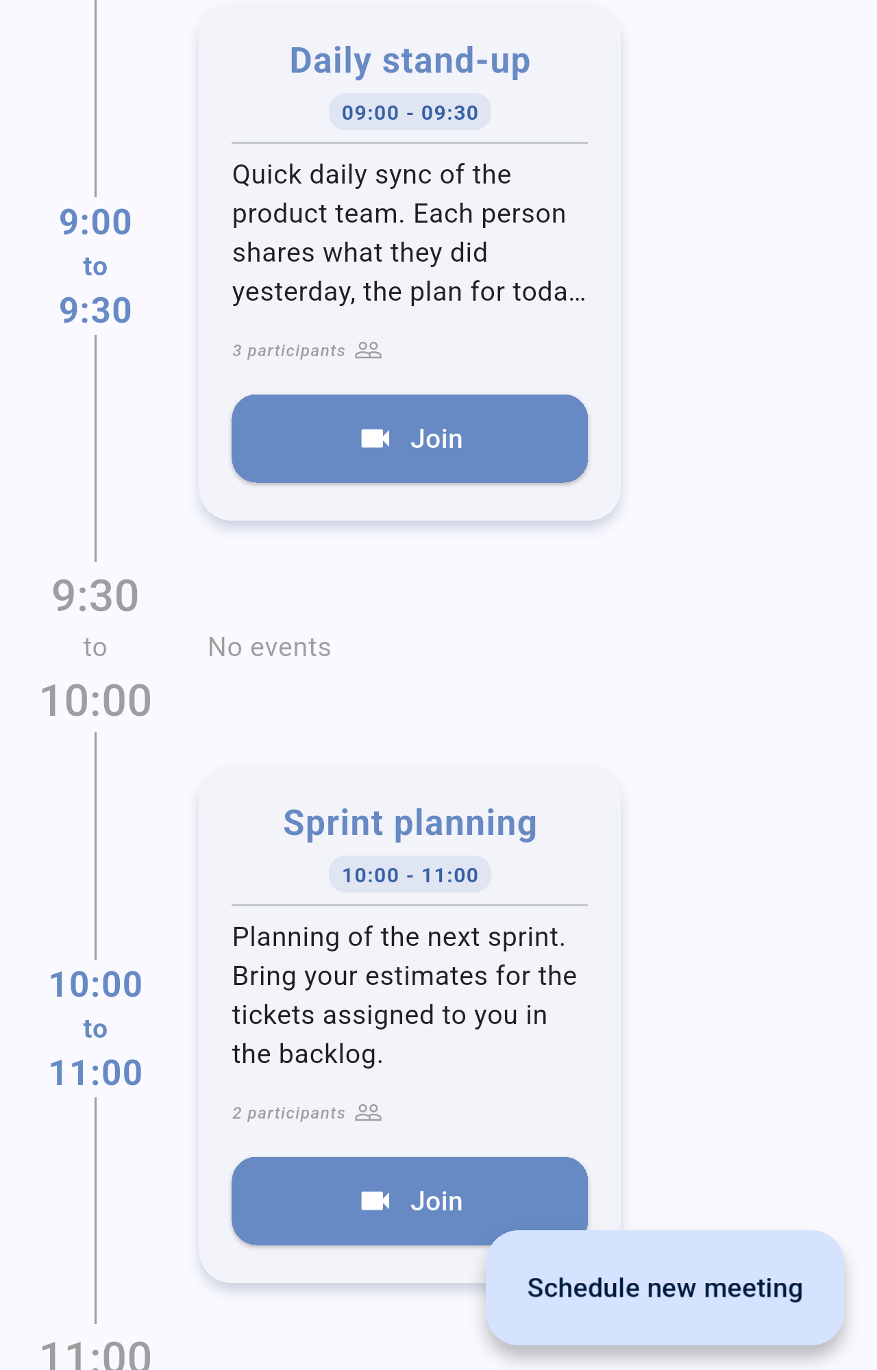 Timeline showing the Daily stand-up event from 9:00 to 9:30 and the Sprint planning event from 10:00 to 11:00
