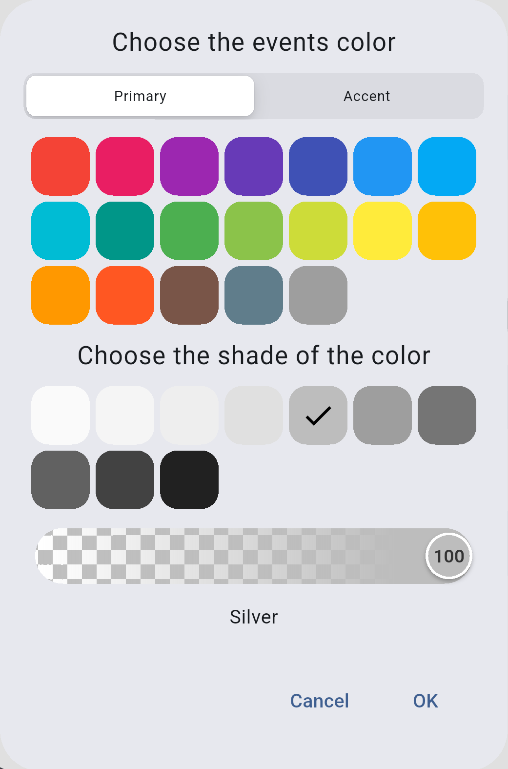 Color picker titled Choose the events color with a grid of colors and shades