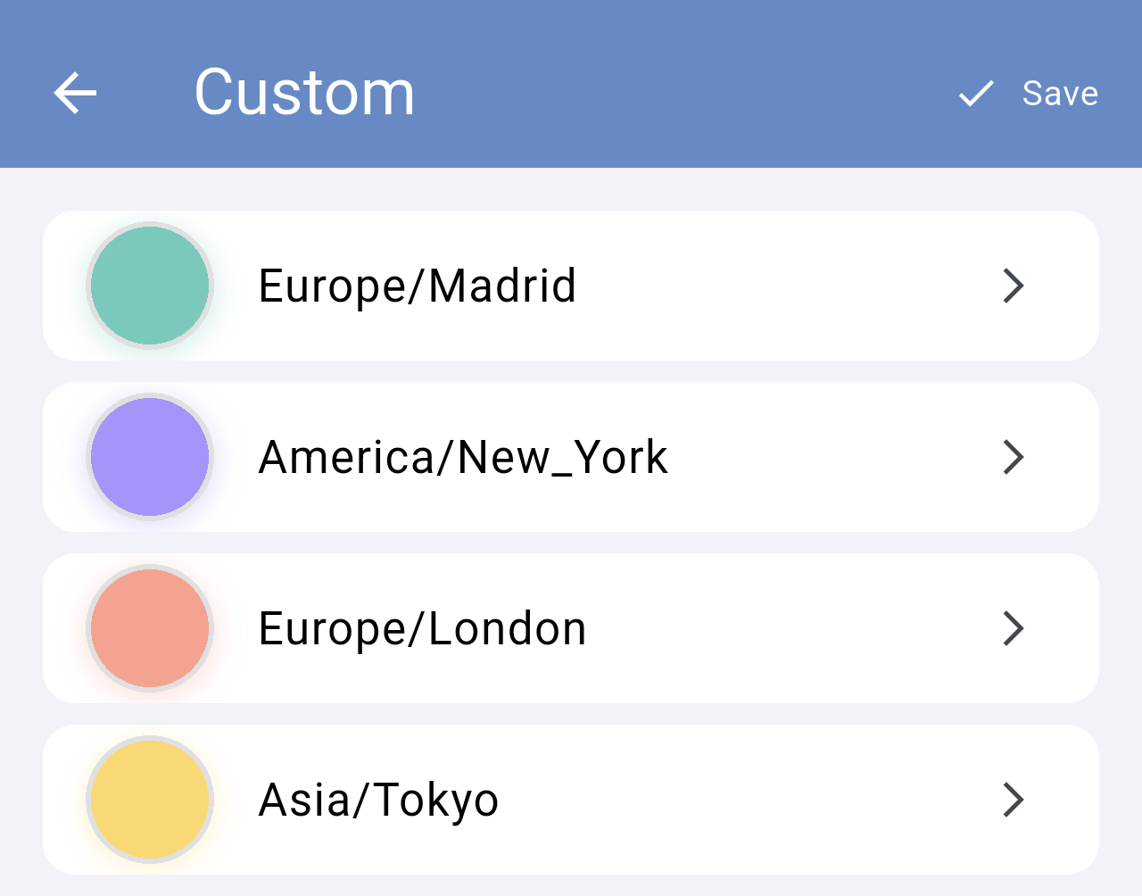 Custom palette screen with a color for each of the four cities