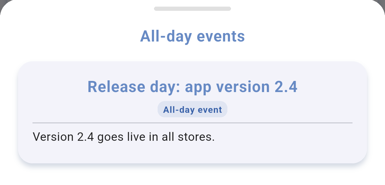All-day events sheet with a card for Release day: app version 2.4