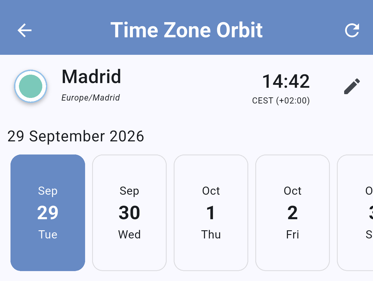 Madrid details screen header with the time 14:42 and a strip of days starting on September 29