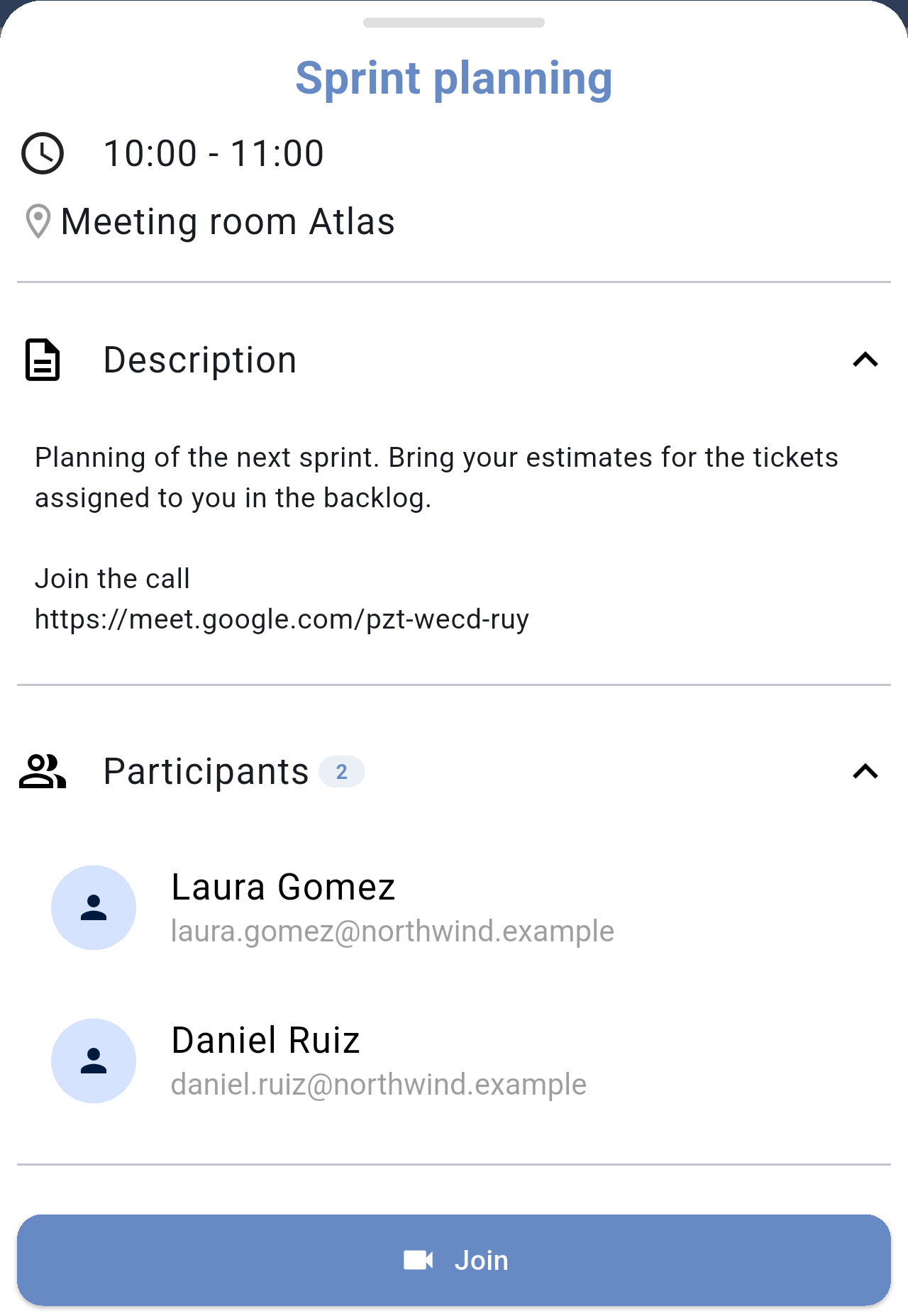 Participants section listing Laura Gomez and Daniel Ruiz with their email addresses