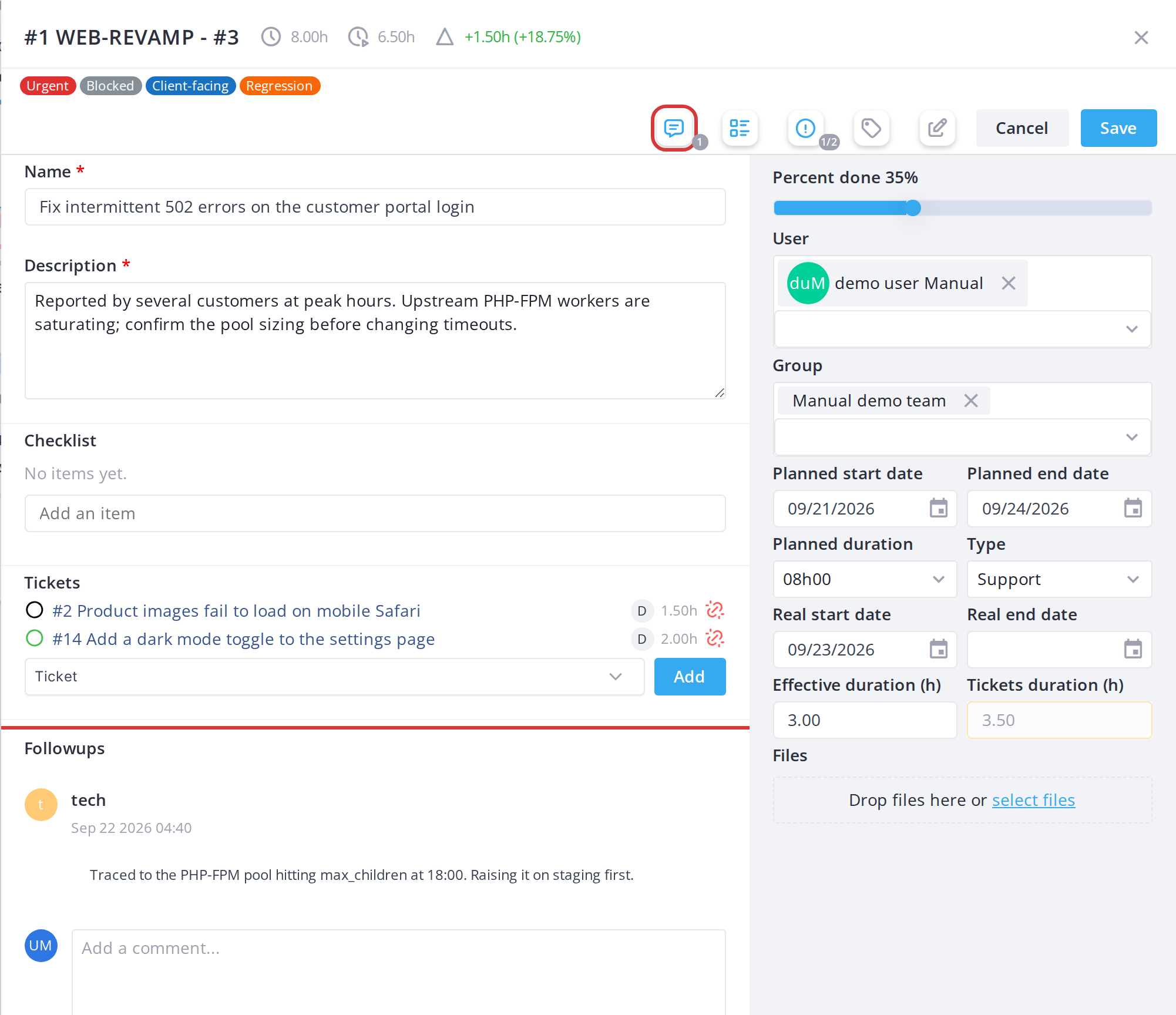 Editing cards, comments and attachments — Add a followup, or hide the followups