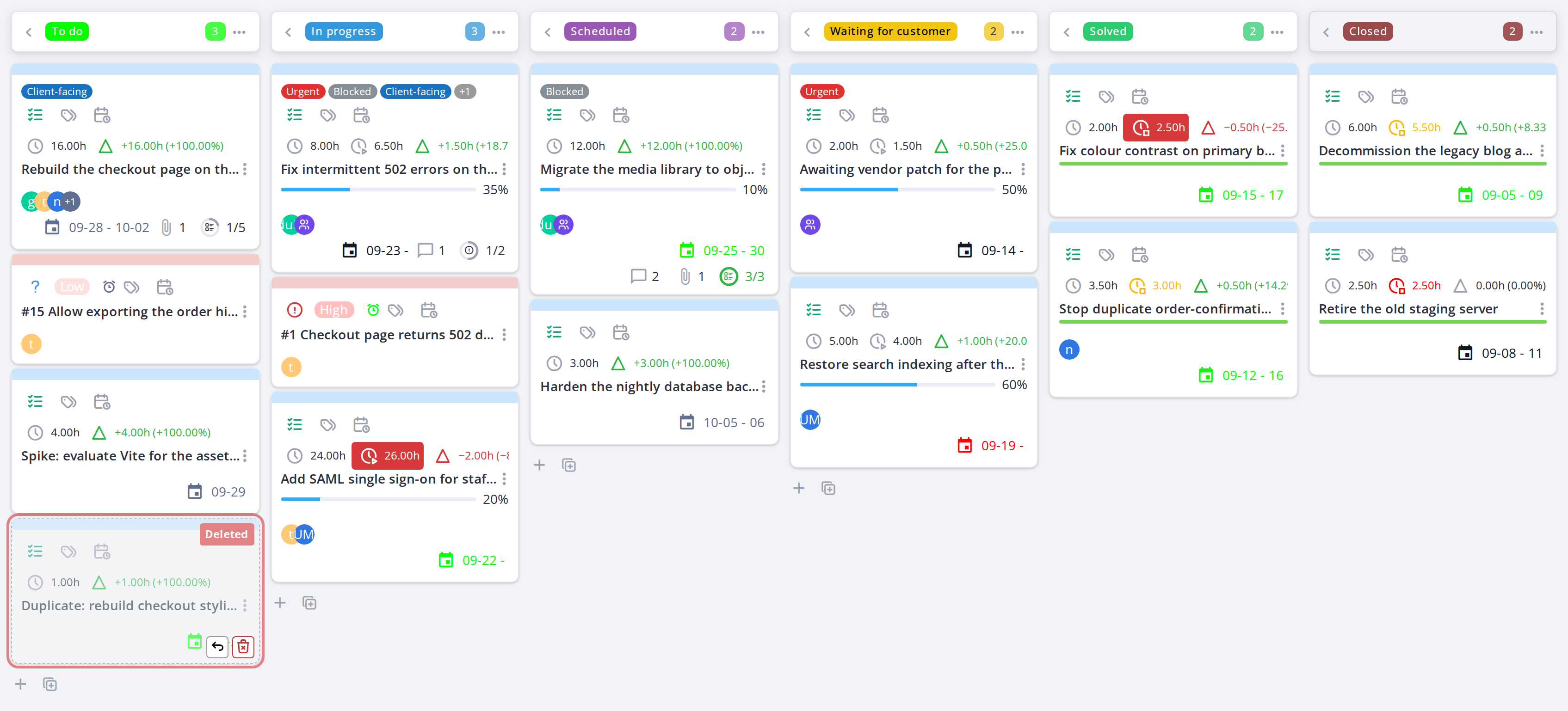 Deleted task cards — Show deleted tasks